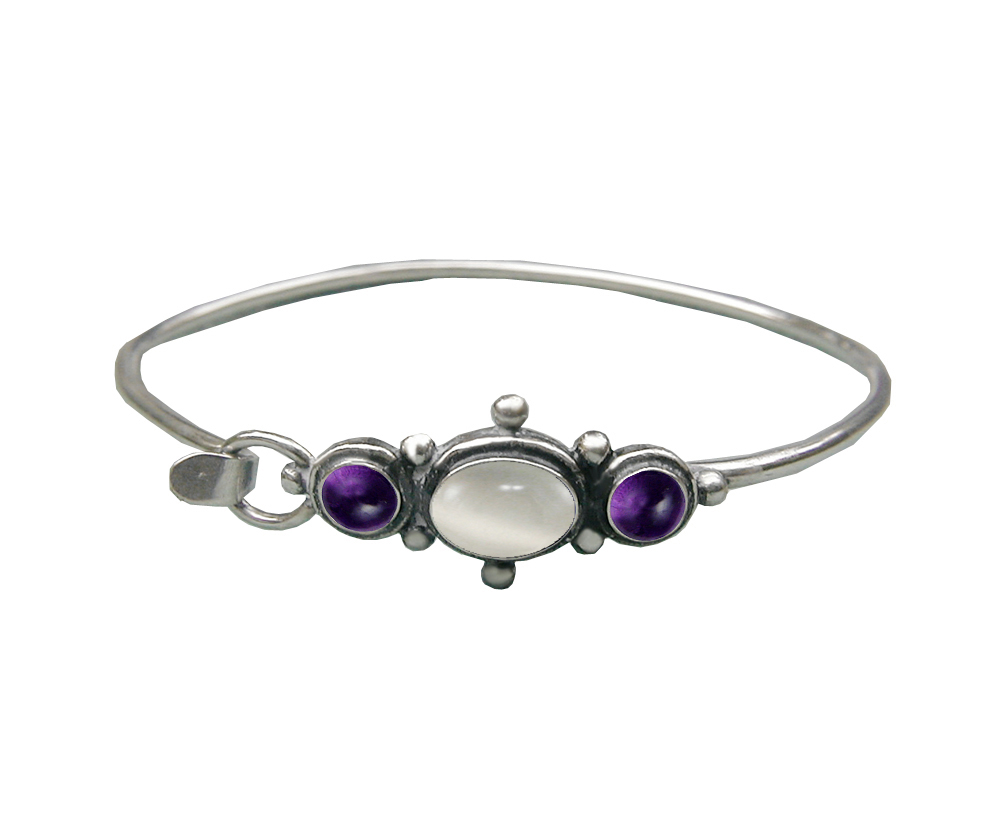 Sterling Silver Strap Latch Spring Hook Bangle Bracelet White Moonstone And Amethyst